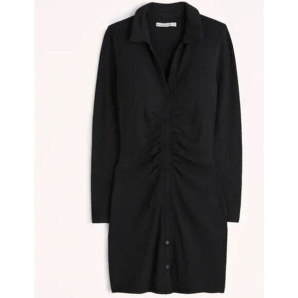 Abercrombie & Fitch NWOT Black Ruched Ribbed Long Sleeve Midi Dress - Picture 1 of 8